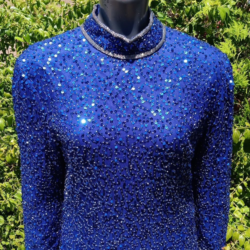 IVANA Vintage Pure Silk Blue Midi Dress with Gleaming Sequin Adornments (INDIA)